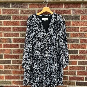 LOFT Black and White Abstract Floral Print Chiffon Flounce Puff Sleeve Dress